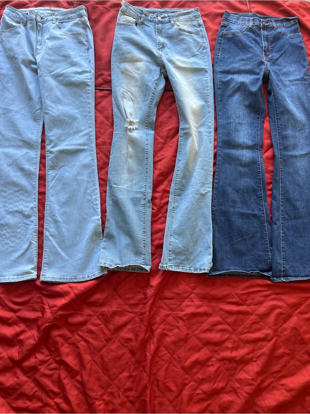 3 SHEIN Ladies Bootcut Jeans Trio — Light Blue, Mid Blue, Dark Blue